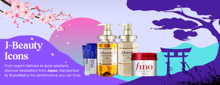J-Beauty Icons skincare products with cherry blossoms and a traditional Japanese gate on a colorful background