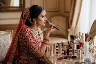 A side view of an Indian bride in red lehenga applying makeup, she is surrounded by elegant makeup items like foundation, lipstick, mascara, perfume, setting spray,